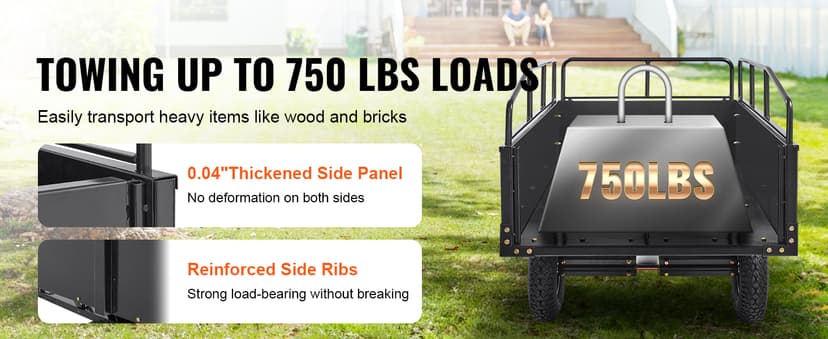 VEVOR Heavy Duty ATV Trailer Steel Dump Cart, 750-Pound 15 Cubic Feet, Garden Utility Trailer with Removable Sides for Riding Lawn Mower Tractor