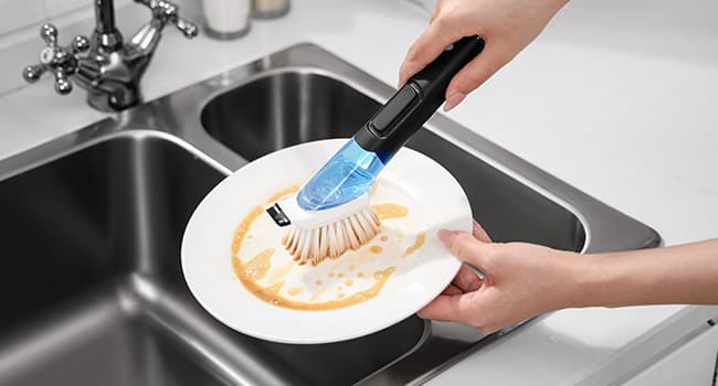 SUBEKYU Dish Brushes with Soap Dispenser, Kitchen Dish Scrubber Brushes with Handle, Dishwashing Cleaning Scrubbers for Dishes/Pans/Pots, Black, 2Pack
