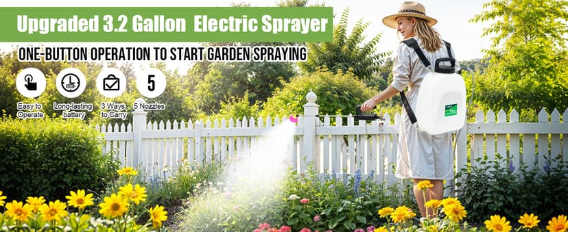 Battery Powered Sprayer 3.2 Gallon, VAXMAY Backpack Sprayer with 3 Adjustable Speeds, Battery Indicator, 5 Mist Nozzles, 41" Retractable Wand, USB Rechargeable Weed Sprayer for Lawn Garden Yard