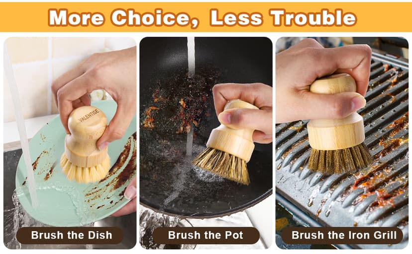 Bamboo Dish Brush Set, 3 Pcs Wooden Scrubber, Brass Brush and Pot Brush with Sisal and Palm for Cleaning Vegetables, Pots and Ovens