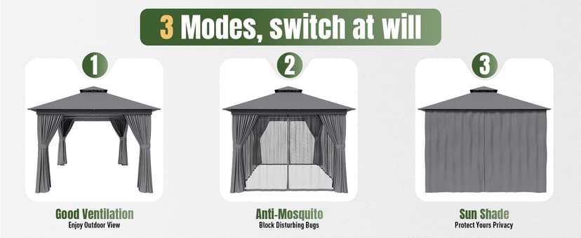AOXUN Outdoor Gazebo for Patio 10x10, Metal Frame Canopy with Double Roofs, Heavy Duty Party Tent and Shelter with Mosquito Netting and Privacy Screen for Backyard, Lawn, Garden, Deck (Grey)
