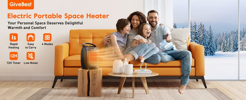 GiveBest Digital Space Heater, 1500W/750W Portable ETL Listed Electric Heater with 4 Modes, 1s heating,Timer, Overheating & Tip-Over Protection, Portable Heater for Indoor use