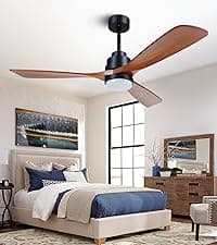Wood Ceiling Fan with Light,Energy Saving,Ultra-Quiet DC Motor,3 Blades,6 Speed,Outdoor/Indoor Ceiling Fan for Patio,Deck,Porch,Bedroom,Living Room,Brown Walnut