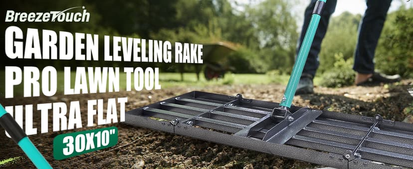 Breeze Touch Lawn Leveling Rake 30x10 Weighted & Collapsible Plate, Heavy Duty Yard Leveler Rake with 77" Adjustable Stainless Steel Handle, Lawn Tools for Gardening, Golf Course, Farm, Pasture