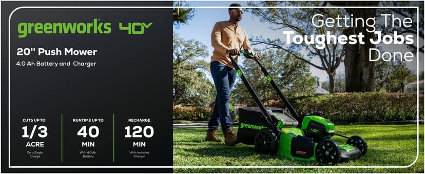 Greenworks 40V 20" Brushless Push Mower, 4.0Ah Battery (Aluminum Handles + Light)