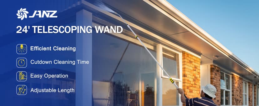 janz Aluminum 24 FT Telescoping Pressure Washer Wand with Pressure Washer Extension Wand,Gutter Cleaner Attachment, 5 Spray Nozzle Tips, 2 Hose Inlet Adapters and Support Harness