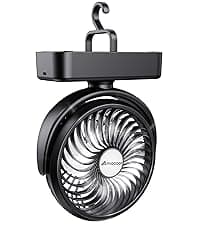 Portable Camping Fan with LED Lantern- 40H Work Time Rechargeable Battery Operated Fan with Hanging Hook for Tent Car RV Hurricane Emergency Outages Survival Kit