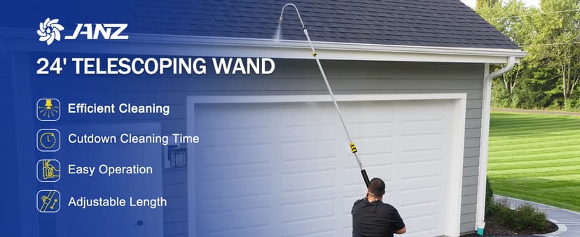 janz 24 FT, Aluminum Telescoping Pressure Washer Wand with 2 Pressure Washer Extension Wands,Gutter Cleaner Attachment, 7 Spray Nozzle Tips, 2 Hose Inlet Adapters, Pivoting Coupler and Support Harness