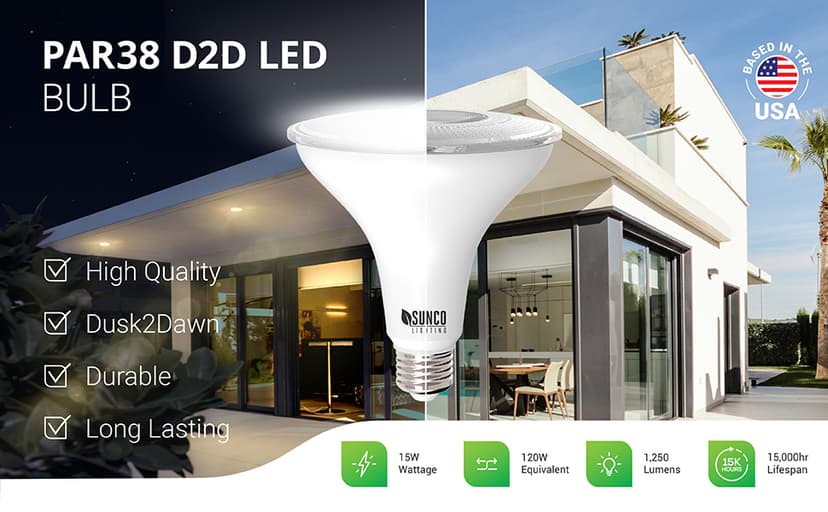 Sunco Outdoor LED Flood Light, Waterproof PAR38 Dusk to Dawn Bulb, 1250 LM, 120W Equivalent 15W, Exterior, Wet-Rated, 3000K Warm White, E26 Base, UL 2 Pack