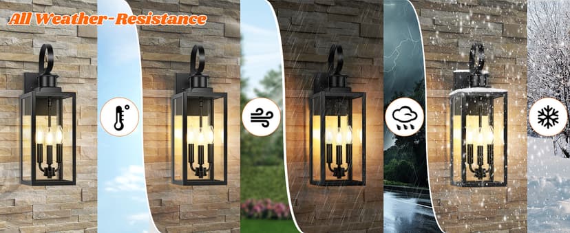 Outdoor Wall Light Fixture, 3-Light 19” Large Waterproof Outside Wall Mounted Sconce Light Fixture with Clear Glass Shade, Black Anti-Rust Exterior Wall Lantern for House, Front Porch, Garage