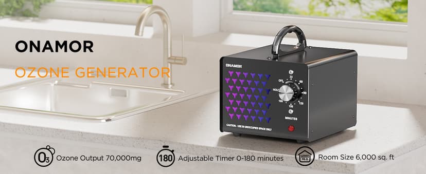 ONAMOR Ozone Generator Odor Eliminator 70000mg, High Capacity Ozone Machine Odor Removal Up to 6000 Sq.Ft, Ionizer Ozonator for Smoke, Car, Basement And Pet Room, Black
