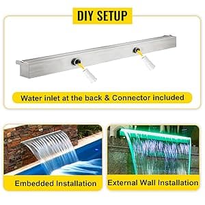 VEVOR Pool Fountain Stainless Steel, Pool Waterfall 23.6" x 4.5" x 3.1"(W x D x H) with LED Strip Light, Waterfall Spillway Rectangular Garden Outdoor