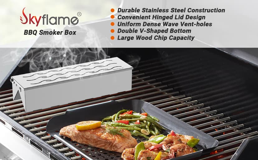 Skyflame Wood Chip Smoker Box, Stainless Steel Double V-shape BBQ Smoke Box with Hinged Lid for Charcoal & Propane Gas Grill, 12.5"(L) x 3.3"(W) x 2.5"(H), U.S. Design Patent