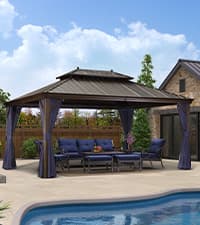 PURPLE LEAF 10' x 14' Hardtop Gazebo with Curtains and Netting for Hot Tub Heavy Duty Deck Beach Pool Backyard Outdoor Canopy Tent Sun Shade Metal Roof Patio Permanent Pavilion