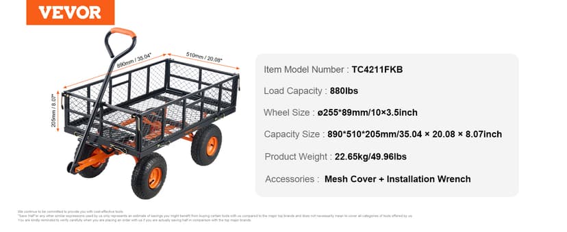 VEVOR 880lbs Steel Garden Dump Cart Utility Wagon, Heavy Duty Yard Dump Wagon Cart with Removable Sides, Pullable Handle, Utility Liner, 10in All Terrain Wheels