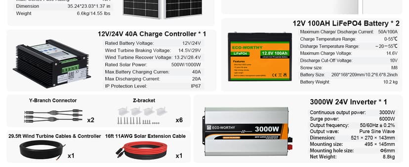 ECO-WORTHY 1000W 4KWH Solar Wind Power Kit: 400W Wind Turbine + 6pcs 100W Solar Panel + 2pcs 12V 100Ah Lithium Battery + 24V 3000W Inverter for Home/RV/Boat/Farm/Street Light and Off-Grid Appliances