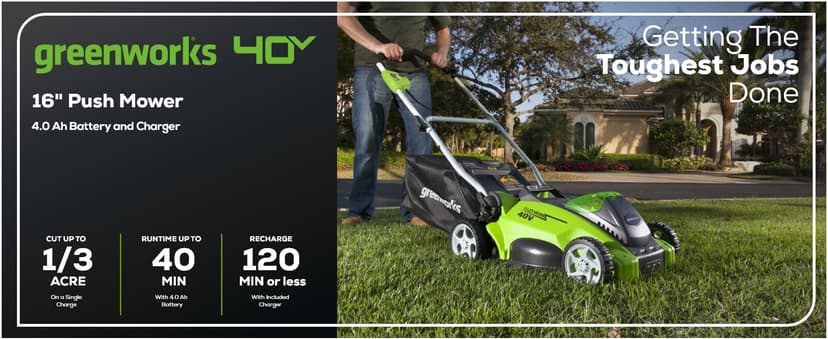 Greenworks 40V 16" Cordless (Push) Lawn Mower (75+ Compatible Tools), 4.0Ah Battery and Charger Included
