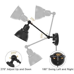 Plug in Wall Sconces, Wall Sconce Lighting with Dimmable On Off Switch, Swing Arm Wall Lamp, Black Metal Industrial Wall Light Fixtures, Safety E26 Base, 6FT Plug in Cord