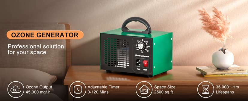 Ozone Generator 45,000mg/h, Industrial/Home O3 Air Purifier Deodorizer for Areas of 2500 Square Feet - High Capacity Ozone Machine Air Ionizer Odor Clean for Rooms, Smoke, Cars, Pets (Green)
