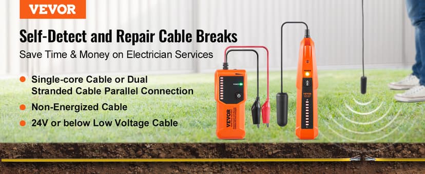 VEVOR Underground Cable Locator, 3 FT Max. Detection Depth, Wire Tracer Break Detector Finder with Earphone, 1000 FT Max.Detection Length Cable Tester for Pet Fence Buried Sprinkler Valve Irrigation