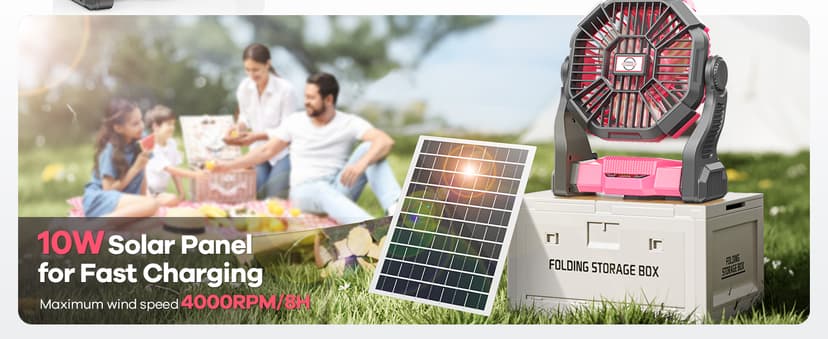 10400mAh Solar Fan with LED Lantern, 10W Solar Panel Rechargeable Battery Powered Camping Fan for Outside, 9 Inch Portable Battery Operated Power Bank for Picnic, Barbecue, Fishing, Travel