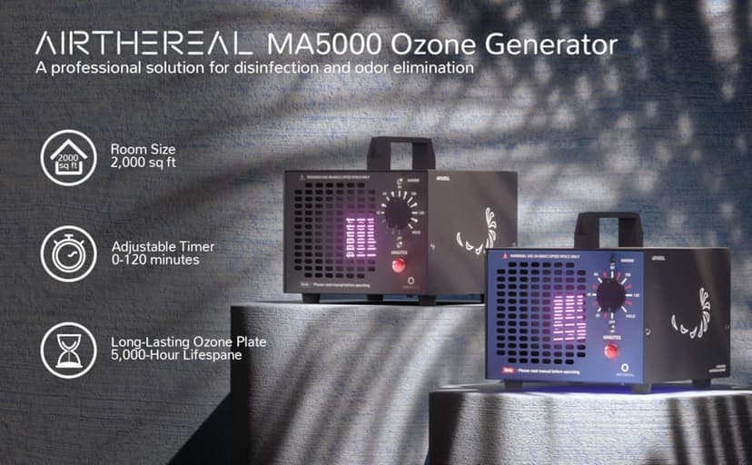 Airthereal MA5000 Commercial Ozone Generator, High Capacity Ozone Machine Odor Removal - Home Air Ionizers O3 Deodorizer for Rooms, Smoke, Cars and Pets, Eliminate Odors up to 2000sq.ft., Blue