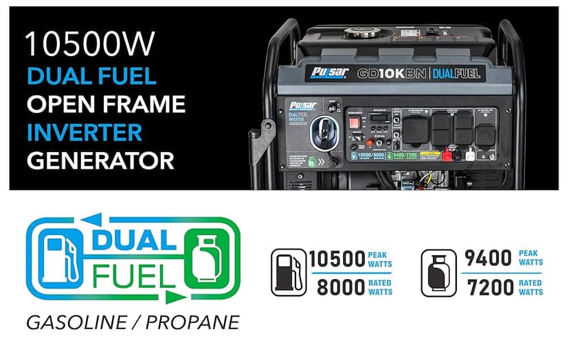 Pulsar 10500W Dual Fuel Portable Inverter Generator for Residential and Camping Use GD10KBN