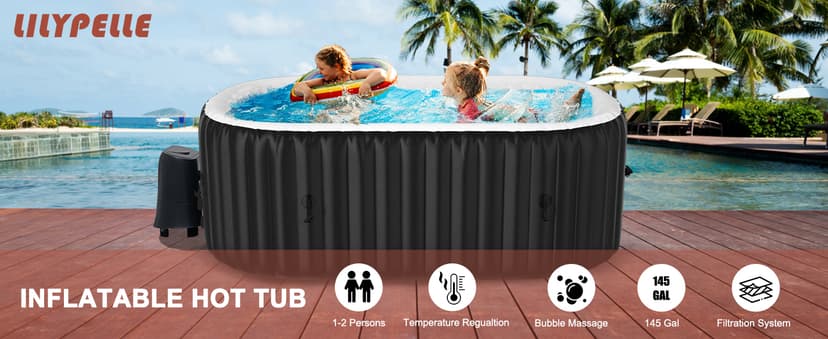 LILYPELLE 1-2 Person Inflatable Hot Tub, Portable Oval Blow Up Hot Tub with 100 Bubble Jets, Outdoor Spa Set Included Heater Pump, Filter and Side Table, 75" X 47" X 25"