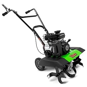 Tazz 35310 2-in-1 Front Tine Tiller/Cultivator, 79cc 4-Cycle Viper Engine, Gear Drive Transmission, Forged Steel Tines, Multiple Tilling Widths of 11”, 16” & 21”, Toolless Removable Side Shields,Green