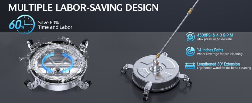 14" Pressure Washer Surface Cleaner 4500 PSI with 304 Industrial-Grade Stainless Steel Housing,1/4” Quick Plug, 4 Universal Wheels, 2 x 15 Extended Wands, 2 Replacement Nozzles, 4 Spray Nozzle Tips