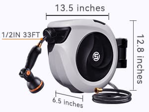 SUNPOW Retractable Garden Hose Reel 1/2 Inch x 33ft - Wall Mounted Hose Reel with 3/4 Inch Brass Fittings & 10-Pattern Nozzle - Auto Rewind System, Any Length Lock, 180° Swivel Bracket