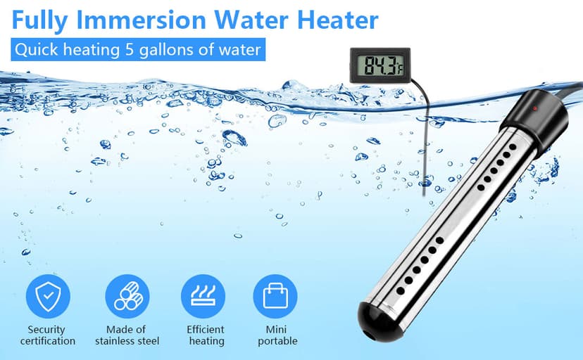 2000W Immersion Water Heater Electric, Portable Bucket Heater with 304 S S, Submersible Bathtub Pool Heater with LCD Thermometer Heats up to 5 Gallons of Water in Minutes