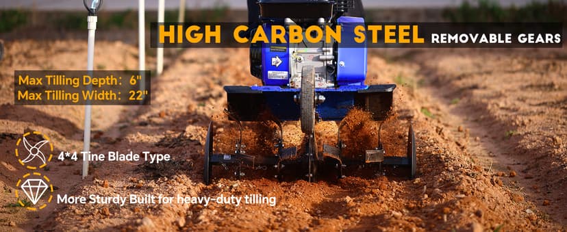 Rear Tine Tiller– 7HP 212CC 4-Cycle Gas Engine, 22" Adjustable Width, Heavy Duty High Carbon Steel Tines, Instant Reverse, Tiller for Gardening, New Ground Breaking & Deep Soil Cultivation