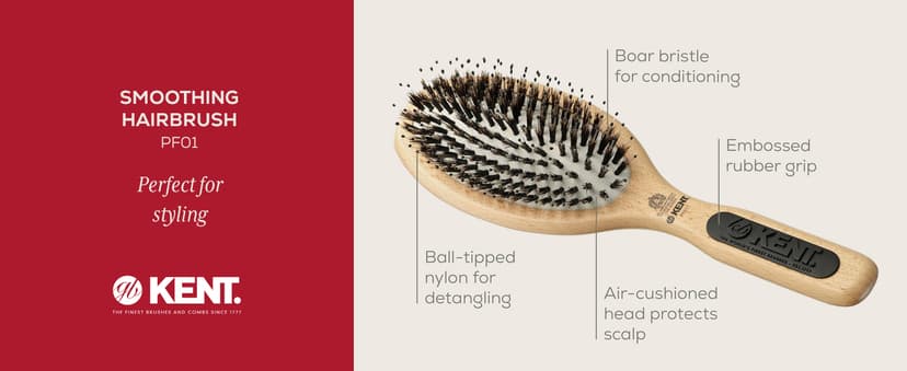 KENT PF01 Large Cushion Detangler Brush, Boar Bristle and Non-Scratch Nylon Mix Hairbrush for Straightening Smoothing. Oval Wood Paddle Detangling Hair Brush for Medium to Long Hair, Made in England