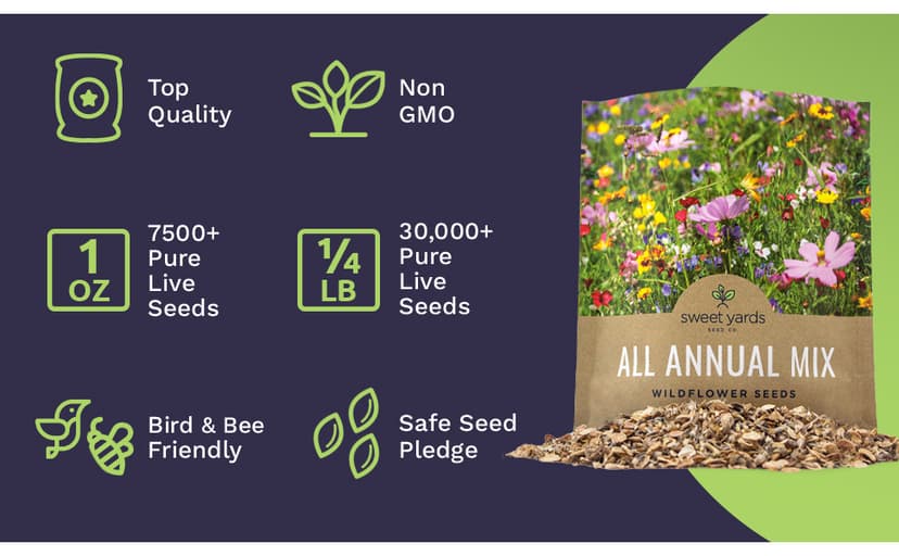 Wildflower Seeds Annual Quick Blooming Mix - Large 1 Ounce Packet Over 7,500 Open Pollinated Seeds