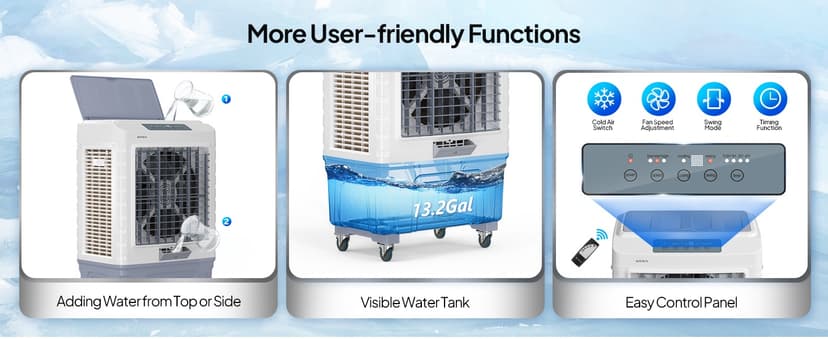 ROVSUN 4100CFM Portable Air Cooler, 13.2Gal/50L Evaporative Swamp Cooler, 3-IN-1 Cooling Fan with Remote Control, 3 Speeds, 7.5H Timer & 4 Ice Box, Humidifying Oscillating Fan for Indoor or Outdoor