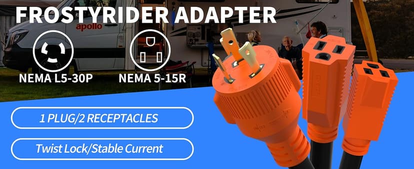 30 Amp to 15 Amp Generator Y Splitter Adapter Cord,NEMA L5-30P Male Plug to 5-15R Female,Heavy Duty STW 10 AWG for Generator, ETL Listed, Orange