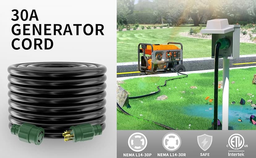 50 FT 30 Amp Generator Extension Cord 4 Prong, Heavy Duty NEMA L14-30P to NEMA L14-30R, 125/250V 7500W, Green 10 Gauge STW Twist Locking House Power Cord, 50 Feet Generator Cable