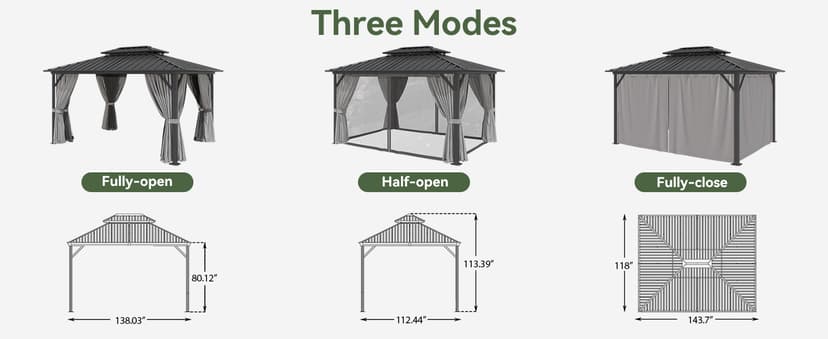 Aoxun 10'x12' Hardtop Gazebo, Aluminum Frame Canopy with Double Galvanized Steel Roof, Outdoor Metal Pavilion with Netting, Curtains for Backyard, Patio and Deck