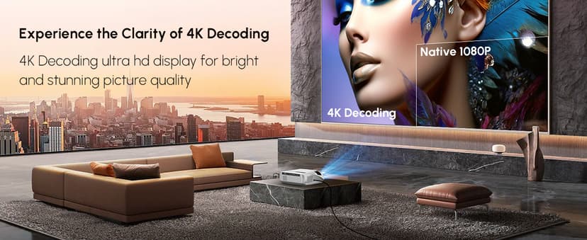 Ultra HD 4K Movie Projector for Home Theater, High Bright 1580 ANSI Lumens Smart Daytime Projector with Max 300" Display, HDR10+ Daylight NFC WiFi6 Bluetooth RJ45 LAN 2G+32G Gaming Projector