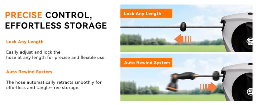 SUNPOW Retractable Garden Hose Reel 1/2 Inch x 33ft - Wall Mounted Hose Reel with 3/4 Inch Brass Fittings & 10-Pattern Nozzle - Auto Rewind System, Any Length Lock, 180° Swivel Bracket