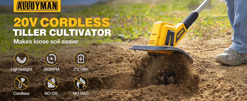 Alloyman 20V Cordless Tiller Cultivator, 360RPM Electric Garden Tiller, with 2 * 2.0Ah Batteries & Charger, 9In Tilling Width and 6.6In Depth Garden Rototiller for Lawn/Gardening/Soil Cultivation