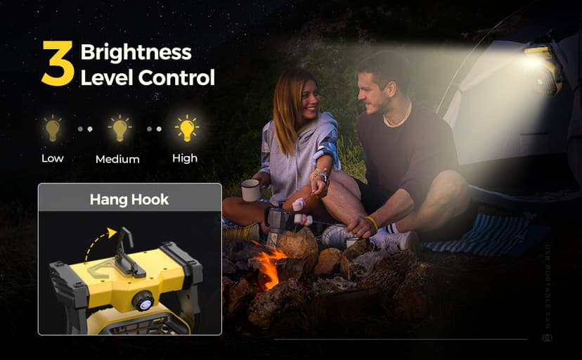 Camping Fan with LED Lantern, 36 Hours 9 Inch Portable Rechargeable Battery Powered Fan with Stepless Speed and Quiet Battery Operated for Picnic, Barbecue, Fishing, Travel, Home, Tent