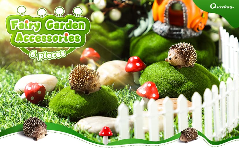 Queekay Resin Hedgehogs & Wood Mushroom Sculpture, Fairy Wild Garden Supplies, 6 Pieces, Red, Handmade Decor