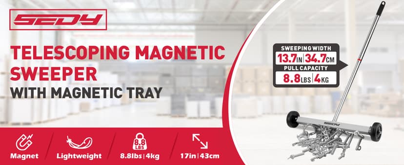 Magnet Sweeper Magnetic Nail Roller: 17-Inch Heavy Duty Magnet Nail Pickup Rolling Tool with Telescoping Adjustable Handle 8.8-Pound Capacity Ideal for Workshop Garage Yard Construction Cleanup