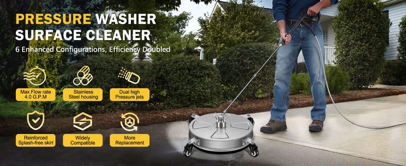 15" Pressure Washer Surface Cleaner with 4 Wheels - Stainless Steel Surface Cleaner for Pressure Washer Attachment for Concrete, Patio, Sidewalk, Deck, Driveways and Daily Washing - PWS 15