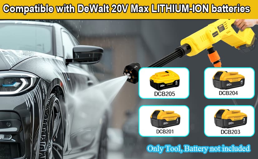 Cordless Pressure Washer for DeWalt 20V Max Battery, Portable Cordless Power Washer 1000PSI, Handheld Car Pressure Washer with 6-in-1 Nozzle for Patio Car Floor Fence Deck Indoor(Tool Only)