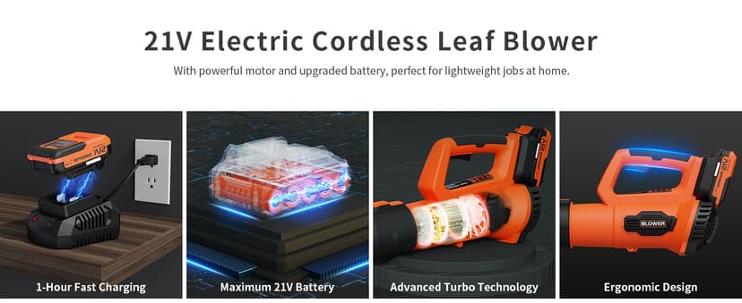 Leaf Blower, 21V Cordless Electric Blower with 2 2.0Ah Batteries and 1 Hour Fast Charger, Lightweight Leaf Blower for Patio Cleaning, Lawn Care, Blowing Fallen Leaves and Dust, etc.