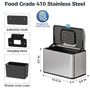 Stainless Steel Hanging Trash Can with Lid and Inner Bucket, 1 Gallon Kitchen Compost Bin for Counter Top, Under Sink or Wall Mount, Small Garbage Can for Cupboard/Bathroom/Bedroom/RV