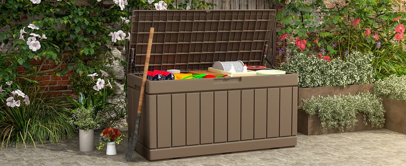 Patiowell 82 Gallon Resin Deck Box, Waterproof Large Wood Look Storage Box for Patio Furniture, Pool Accessories, Garden Tools and Sports Equipment, Lockable, Grey